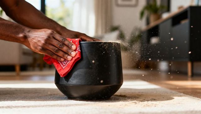Wiping dust from matte black ceramic planter on rug with red bandana sunlit living room