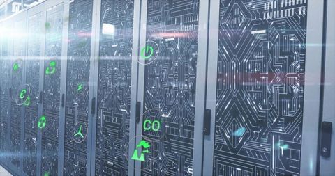 Futuristic data center with circuit patterned server cabinets