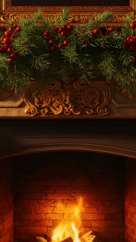 Vertical video panning over ornate mantel with evergreen garland and flickering fireplace glow