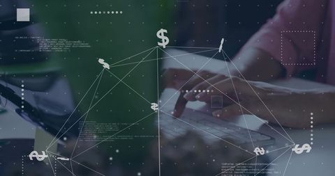 Hands Typing on Laptop with Fintech Network Overlay and Dollar Icons for Digital Finance