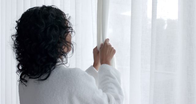 Woman Opening White Curtains at Home - Download Free Stock Images Pikwizard.com