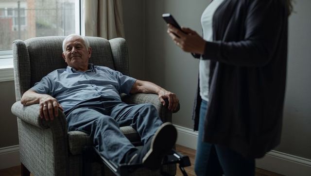 Senior man reclining in armchair at home while caregiver checking smartphone nearby