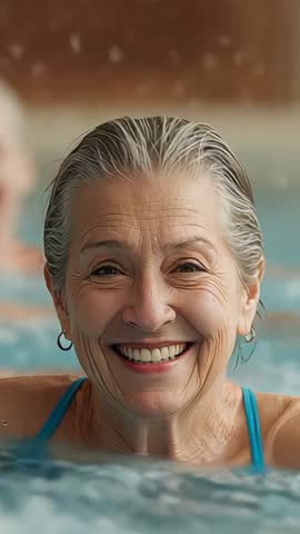Smiling senior woman relaxing in pool jets enjoying wellness and leisure vertical video