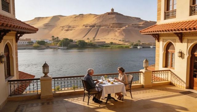 Senior couple dining on sunlit riverside terrace overlooking dunes and tranquil waterfront
