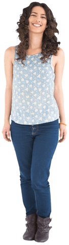 Happy curly-haired caucasian woman on transparent background