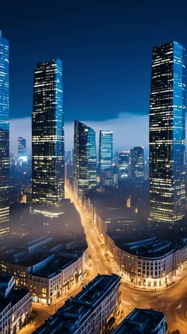 Drone tilting over illuminated downtown avenue at night revealing vertical skyline and towers