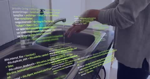 Futuristic Code Streaming While Washing Hands at Sink