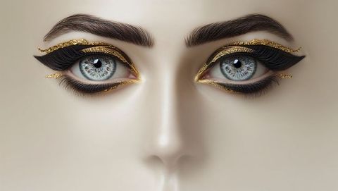 Striking eyes with winged eyeliner and gold leaf accents