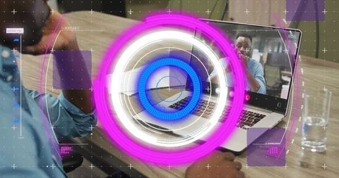 Augmented reality HUD overlay on laptop during remote video meeting with male professional