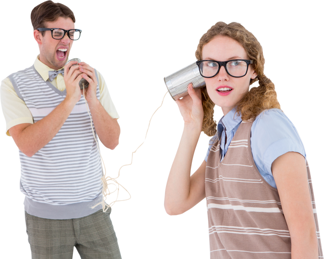 Geeky Couple Communicating with Tin Can Phone on Transparent Background - Download Free Stock Videos Pikwizard.com