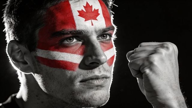 Determined athlete with canadian flag face paint clenching fist under dramatic rim lighting