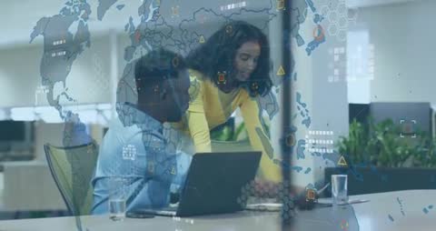 Business Professionals Collaborating with Data Map Overlay