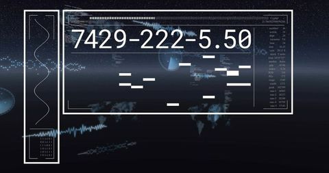 Futuristic HUD Display Numeric Sequence 7429-222-5.50 with Waveforms and Data Overlay