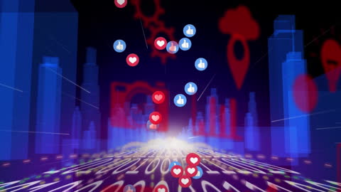 Virtual Cityscape with Digital Interaction Icons and Light Effects