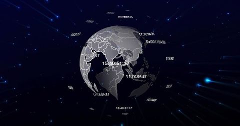 Rotating 3D Globe with Holographic Map Lines, Timestamps and Hex Codes on Navy Cyberspace