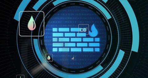 Displaying glowing digital firewall HUD protecting network with CO2 metrics, flame icons