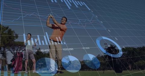 Mature Golfer Swinging in Technology-Infused Environment