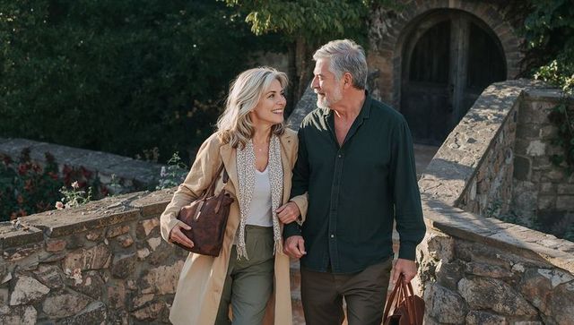 Walking mature couple linking arms on historic stone bridge carrying leather bags smiling