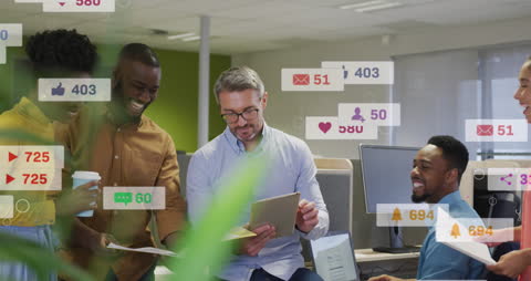 Diverse Team Engaging with Social Media Insights in Office