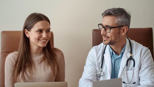 Doctor consulting smiling young woman with laptop in clinic, friendly medical consultation