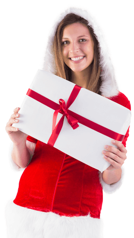 Smiling Woman in Santa Costume Holding Gift with Red Bow Transparent