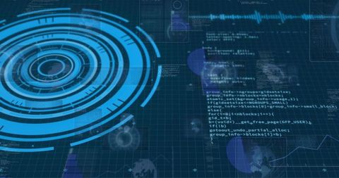 Blue holographic HUD scanning with circular radar ring, waveform and code overlay for cybersecurity