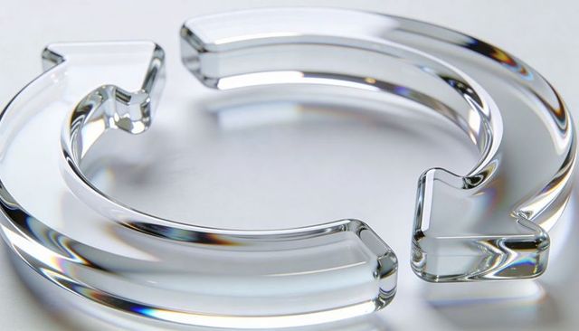 Crystal clear arrows forming circular loop reflecting prismatic light minimalist concept