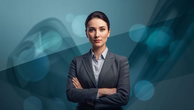 Confident female executive standing arms crossed charcoal blazer collared shirt teal bokeh portrait