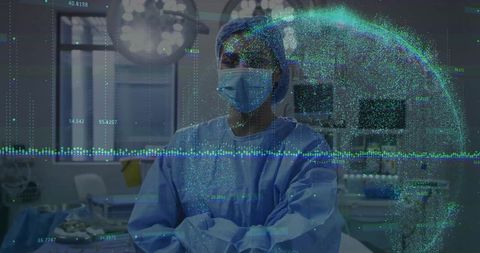 Surgeon Interacting with Holographic Globe Technologies in Operating Room