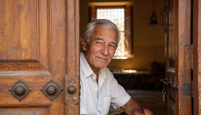 Senior man sitting in carved wooden doorway with warm interior light and rustic details