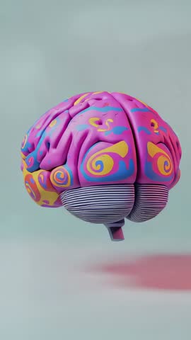 Rotating stylized brain model revealing cerebellum with psychedelic swirls on teal