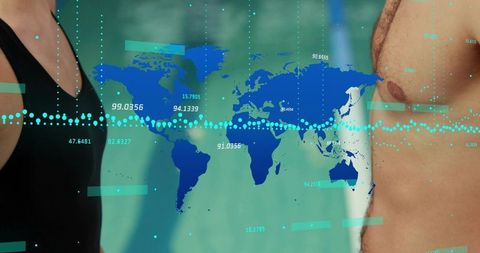Swimmers at pool edge with world map overlay visualizing global fitness data analytics