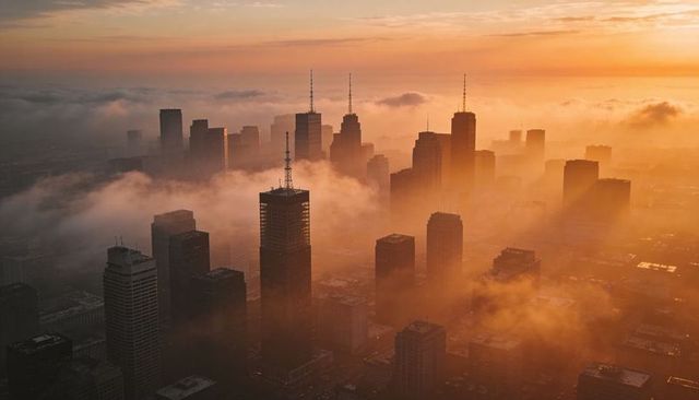 Sunrise fog enveloping downtown skyscrapers with antenna masts and golden light