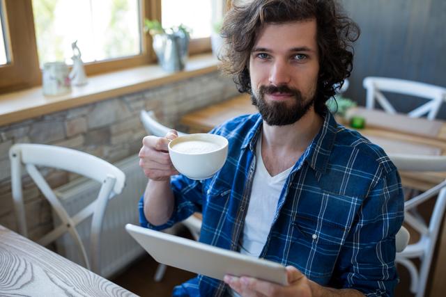 Man holding digital tablet while having a cup of coffee in the coffee shop