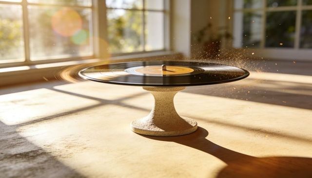 Spinning black vinyl record on mushroom pedestal in sunlit studio with dust particles