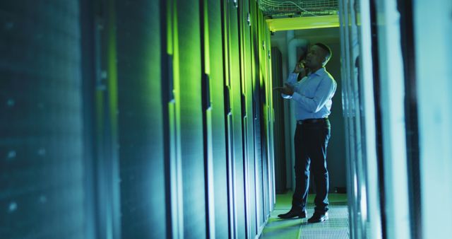 Male IT professional managing servers in a data center facility, ensuring smooth operation and maintenance. Suitable for use in technology, IT services, data management, and business operations content.