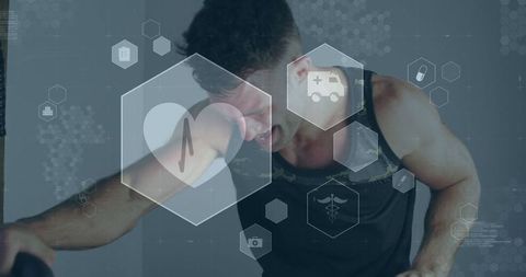 Caucasian Man Exercising with Medical Health Icons Overlay