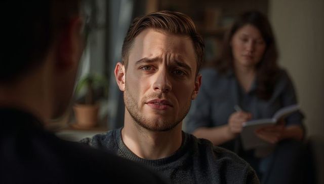 Man frowning during counseling session with therapist taking notes, observing emotion