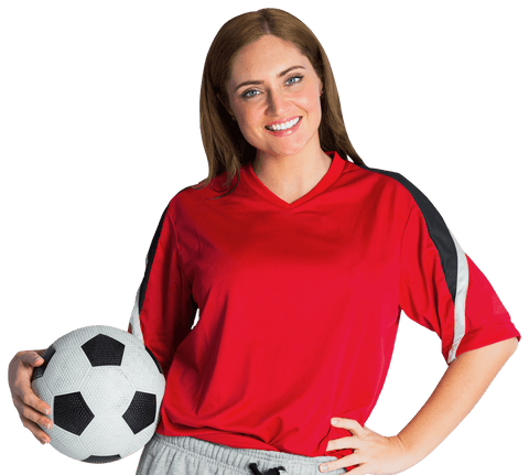 Smiling Woman Holding Soccer Ball in Transparent Background