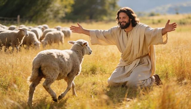 Kneeling bearded shepherd welcoming lost sheep in sunlit golden meadow at sunrise
