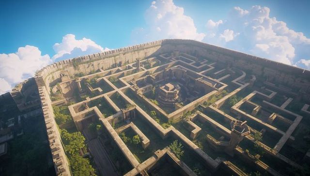 Sunlit Ancient Stone Labyrinth on Elevated Plateau with Central Pavilion and Tower Ruins