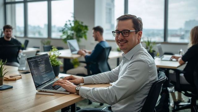 Smiling developer coding on laptop in modern open-plan office with city skyline and plants
