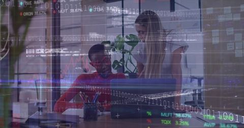 Business Professionals Analyzing Data Through Digital Overlay in Modern Office