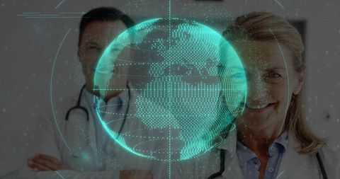 Senior Female Doctor Smiling with Stethoscope and Holographic Globe HUD for Telemedicine