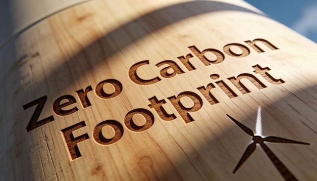 Zero carbon footprint carved bamboo panel with wind turbine icon sunlit sustainable design