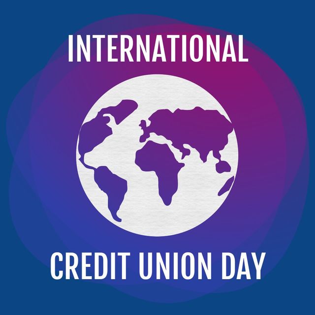 Image of credit union day over globe and blue and purple background. Real estate, credit and finance concept.