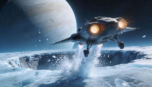 Futuristic Shuttle Hovering Above Frozen Crevasse with Twin Thrusters Firing