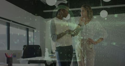 Diverse Team Analyzing Data with Digital Protection Overlay