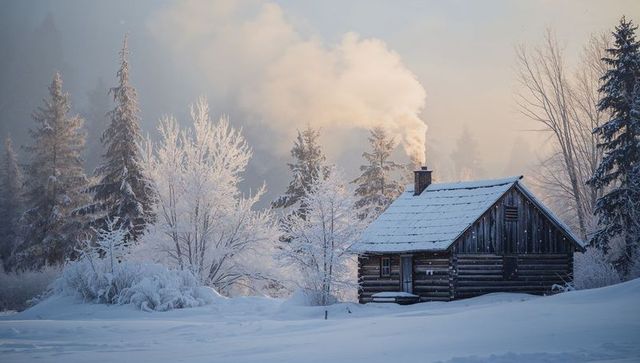 Log cabin releasing chimney smoke in snowy forest clearing during golden winter sunrise