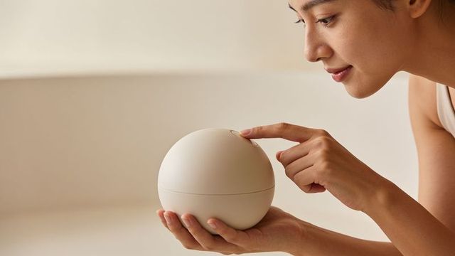 Woman pressing button on matte cream orb handheld smart device for minimal home wellness and tech